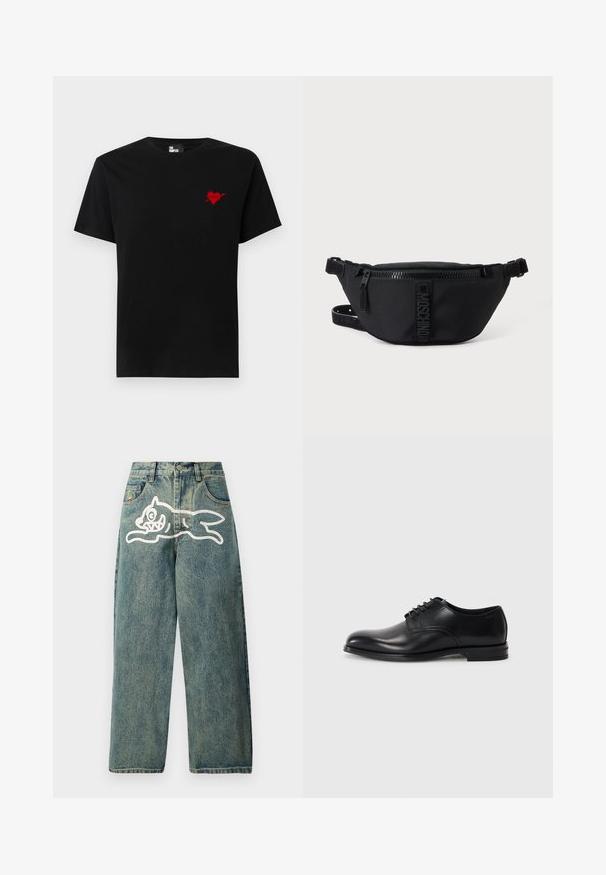 T-shirt en coton noir avec un petit design de cœur rouge et d'une flèche sur le côté gauche de la poitrine. Encolure standard à col rond avec des manches courtes.; Jean en denim bleu clair à coupe ample, avec un grand graphisme d'un chat blanc sur la jambe gauche et un design classique à cinq poches.; Chaussure habillée en cuir noir avec un bout arrondi, un lacet, une texture lisse et une semelle en caoutchouc basse. Détails de couture minimaux.; Sac banane noir Moschino avec fermeture éclair frontale et sangle ajustable sur un fond uni clair.
