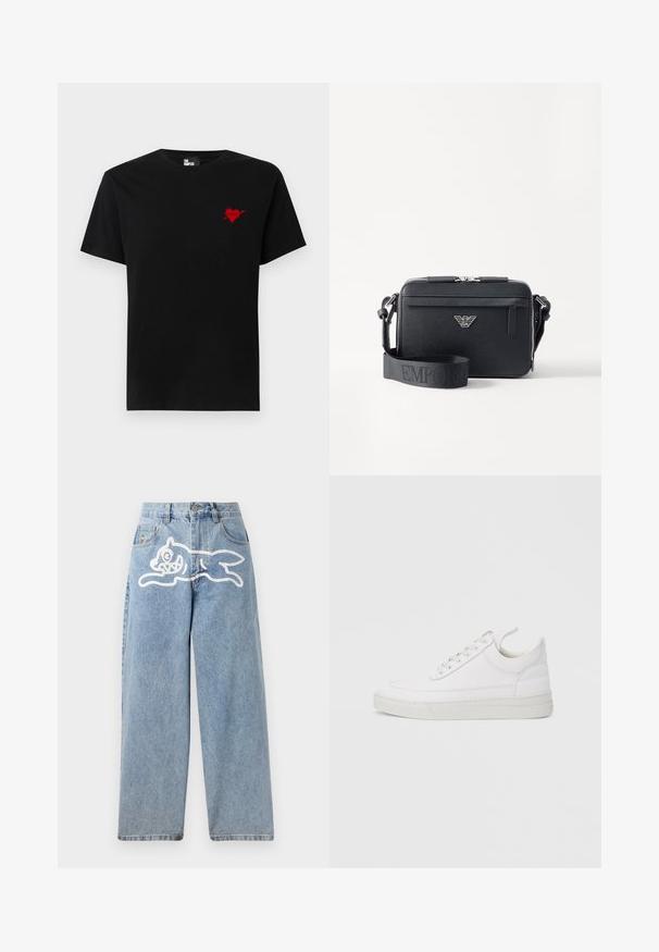 T-shirt en coton noir avec un petit design de cœur rouge et d'une flèche sur le côté gauche de la poitrine. Encolure standard à col rond avec des manches courtes.; Jeans en denim de couleur bleu clair avec une coupe décontractée et jambes larges. Présente un graphique blanc d'un chat courant à l'arrière. Design classique à cinq poches.; Baskets en cuir blanc avec un embout arrondi, une semelle plate et un laçage à l'avant. Présentent des détails de couture et un col rembourré pour plus de confort.; Sac bandoulière noir en matériau texturé. Comprend une fermeture zippée, une poche zippée à l'avant et un accent en métal avec logo. Inclut une bandoulière réglable.