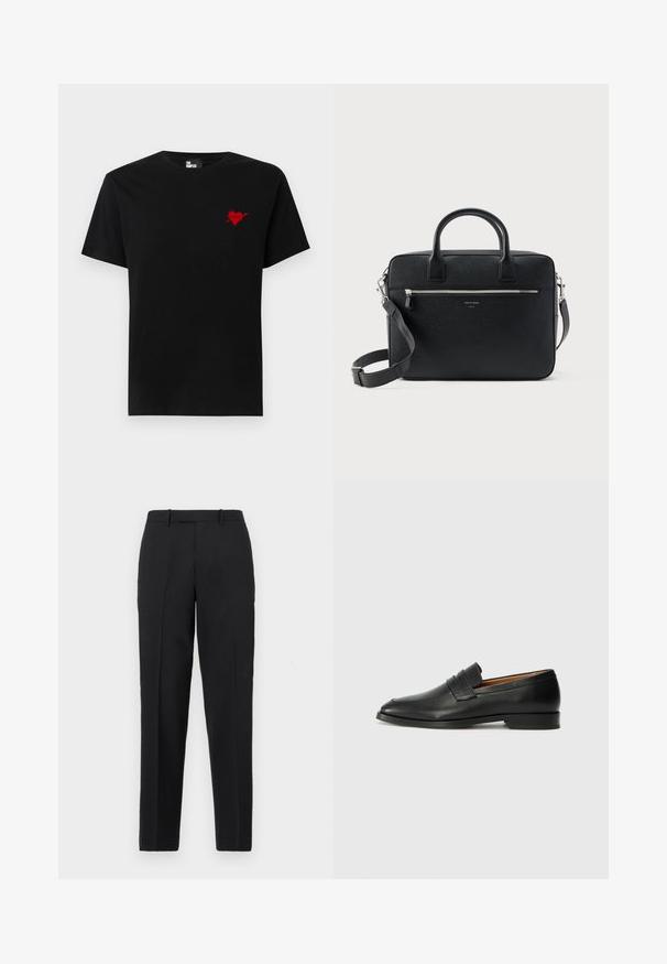 T-shirt en coton noir avec un petit design de cœur rouge et d'une flèche sur le côté gauche de la poitrine. Encolure standard à col rond avec des manches courtes.; Theory STRAIGHT - Pantalon classique - deep black; Mocassin en cuir noir avec un bout arrondi, des coutures subtiles et un talon bas, présentant une texture lisse et un design minimaliste.; Serviette rectangulaire en cuir noir texturé avec double poignée, poche avant zippée et bandoulière réglable présentée sur fond blanc.