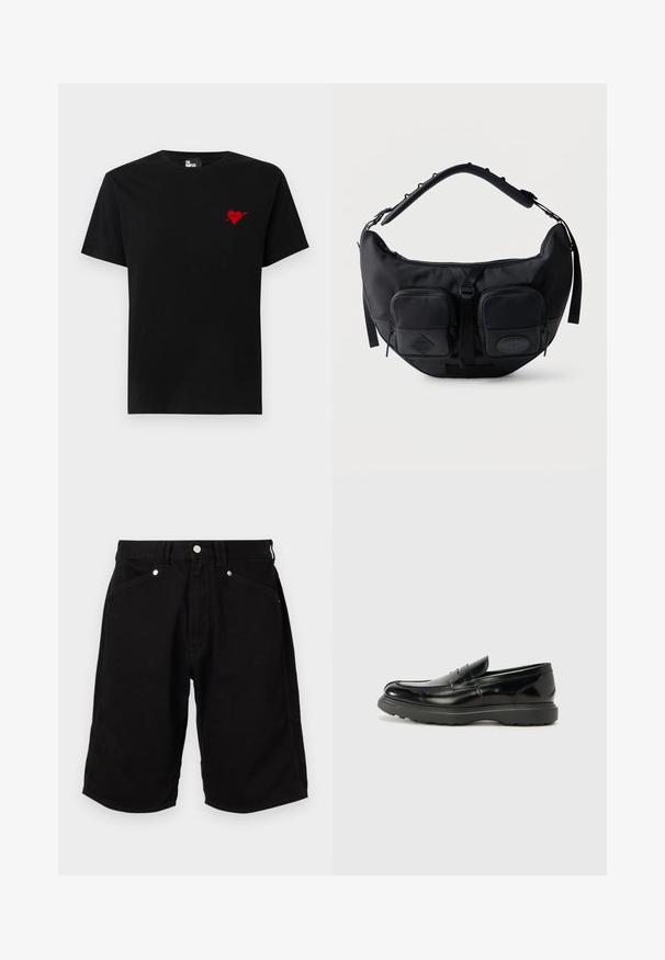 Zwarte katoen T-shirt met een klein rood hart en pijlenontwerp op de linkerkant van de borst. Standaard crew neckline met korte mouwen.; Zwarte denim shorts met een klassiek ontwerp, voorzien van frontzakken en metalen hardware. De stof heeft een gladde, stevige textuur.; Zwarte leren instapper met een glanzende afwerking, een ronde neus, subtiele stiksels en een dikke rubberen zool voor duurzaamheid.; Zwarte schoudertas in halve maanvorm met gevoerde verstelbare riem en twee voorvakken met rits en trekbandjes.