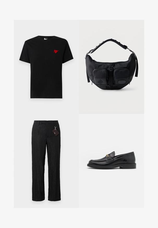 T-shirt en coton noir avec un petit design de cœur rouge et d'une flèche sur le côté gauche de la poitrine. Encolure standard à col rond avec des manches courtes.; Pantalons larges en noir texturé, avec une finition lisse et des coutures visibles ; comprend une étiquette attachée par une boucle en métal argenté.; Mocassins en cuir noir avec un embout rond, présentant des accents en métal doré et des détails de couture, montés sur une semelle en caoutchouc texturé et basse.; Sac d'épaule noir en forme de croissant avec bandoulière rembourrée réglable et deux poches avant zippées avec tirettes.