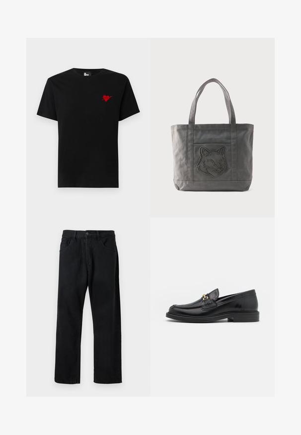 T-shirt en coton noir avec un petit design de cœur rouge et d'une flèche sur le côté gauche de la poitrine. Encolure standard à col rond avec des manches courtes.; Jeans noirs en denim, dotés d'un design classique à cinq poches, coupe droite et fermeture à bouton. Texture lisse, sans motifs visibles.; Mocassins en cuir noir avec un embout rond, présentant des accents en métal doré et des détails de couture, montés sur une semelle en caoutchouc texturé et basse.; Sac fourre-tout en toile grise avec deux anses et une poche avant ornée d'un motif de tête de loup cousu.