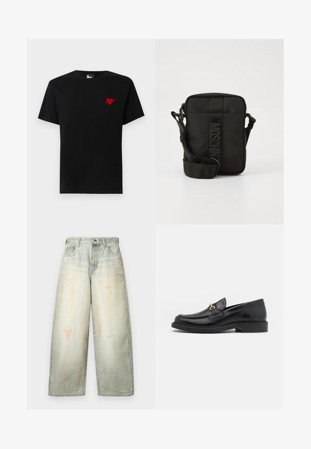 Zwarte katoen T-shirt met een klein rood hart en pijlenontwerp op de linkerkant van de borst. Standaard crew neckline met korte mouwen.; Wijd uitlopende vervaagde grijze denim jeans met hoge taille, knoopsluiting aan de voorkant, zakken en subtiele distressed details.; Zwarte leren instappers met een ronde neus, voorzien van een gouden hardware accent en stikdetails, geplaatst op een lage, getextureerde rubberen zool.; Compact zwarte crossbody tas met verstelbare schouderband en verticale MOSCHINO-logo op het voorpaneel in het midden, tegen een witte achtergrond.