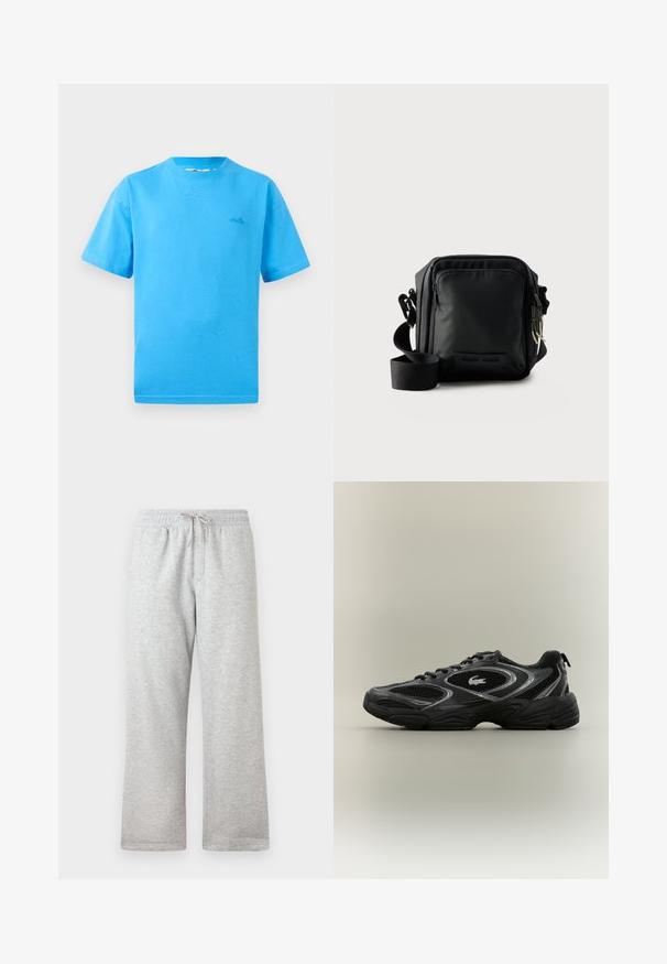 Hellblaue Baumwoll-T-Shirts mit kurzen Ärmeln, Rundhalsausschnitt und kleinem Logo auf der linken Brust. Glatte Textur und klassische Passform.; Helle graue Jogginghose mit elastischem Bund und beigem Kordelzug, gerade Passform, vor einem weißen Hintergrund präsentiert.; Schwarzer und grauer Sportschuh mit Netzpaneelen, Schnürdesign, dicker Sohle und einem kleinen Krokodil-Logo an der Seite.; Schwarze kompakte Umhängetasche mit vorderer Reißverschlusstasche, verstellbarem Riemen und strukturiertem Stoff vor einfarbigem Hintergrund.