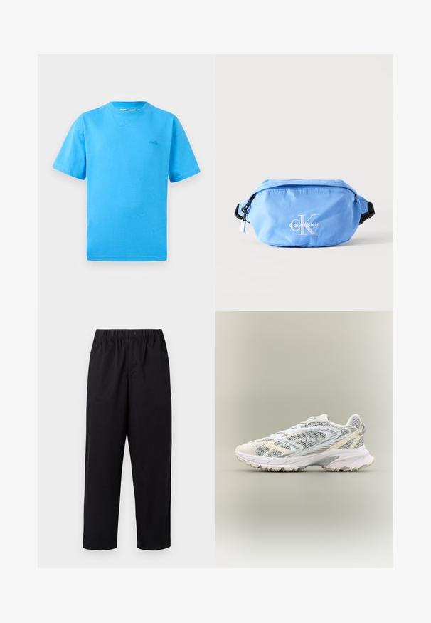Hellblaue Baumwoll-T-Shirts mit kurzen Ärmeln, Rundhalsausschnitt und kleinem Logo auf der linken Brust. Glatte Textur und klassische Passform.; Schwarze, weit geschnittene Hose mit einem elastischen Bund und einem einzelnen Knopf. Aus einem glatten, leichten Stoff gefertigt. Gerader Saum.; Weißer Sportschuh mit grauen Netzpaneelen, strukturierten Überzügen, einem gepolsterten Kragen und einer Gummisohle mit kleinen Traktionsspikes.; Hellblaue Calvin Klein Gürteltasche mit weißem Logo, schwarzem verstellbarem Riemen und Reißverschluss vor einfarbigem Hintergrund.