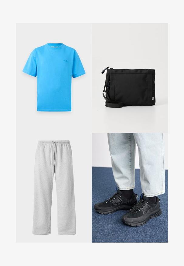 Hellblaue Baumwoll-T-Shirts mit kurzen Ärmeln, Rundhalsausschnitt und kleinem Logo auf der linken Brust. Glatte Textur und klassische Passform.; Hellgraue Jogginghose mit Kordelzugbund, aus weichem Baumwollmix, mit weitem Bein und glatter Textur. Keine sichtbaren Taschen.; Schwarze Sportschuhe aus strukturiertem Stoff mit Gummisohlen, ausgestattet mit elastischen Schnürsenkeln und einem blauen Akzent an der Ferse. Getragen mit hellen Jeans.; Schwarze Stoff-Schultertasche mit texturiertem Äußeren, verstellbarem Schultergurt und Kordelzugverschluss. Verfügt über auffällige Nähte und ein seitliches Etikett.