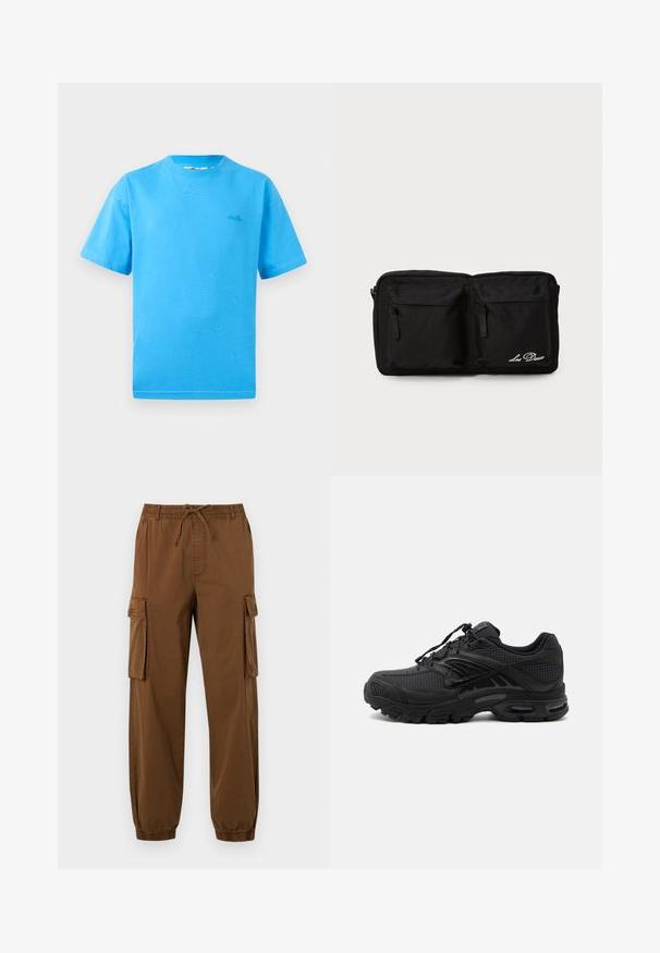 T-shirt en coton bleu clair avec des manches courtes, col rond et un petit logo sur la poitrine gauche. Texture lisse et coupe classique.; Pantalons cargo marron en tissu léger, dotés d'une taille élastique avec cordon de serrage, de poches latérales et de bas de jambes fuselés.; Baskets de sport noires avec tissu texturé, semelle épaisse et rembourrée, aérations et fermeture à lacets, vues de profil sur fond clair.; Pochette en tissu noir avec deux poches zippées à l'avant, texte brodé, forme rectangulaire, texture durable et design discret.