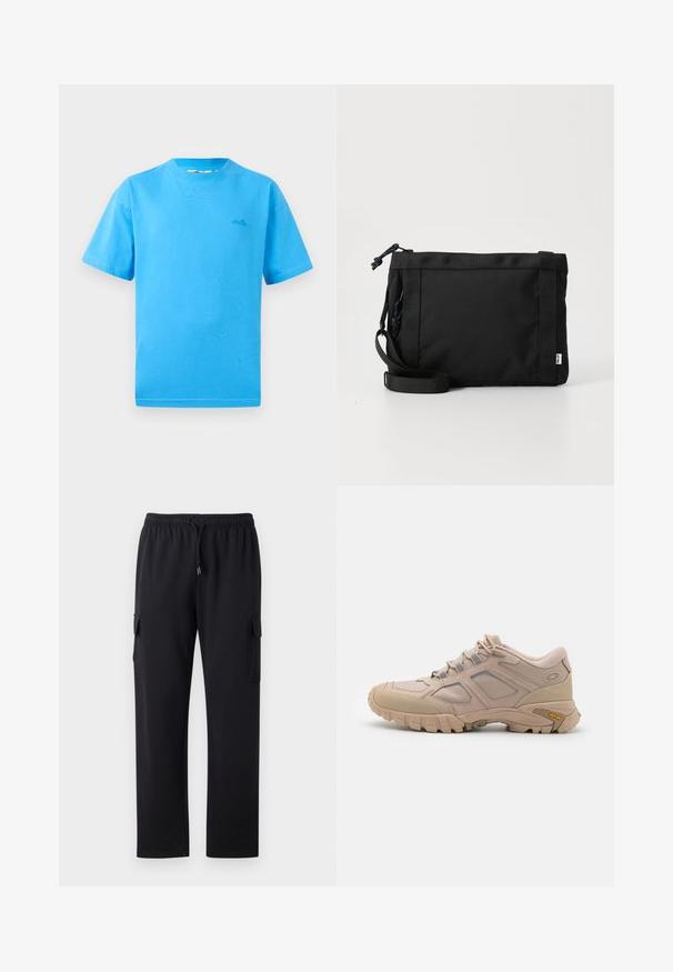 Hellblaue Baumwoll-T-Shirts mit kurzen Ärmeln, Rundhalsausschnitt und kleinem Logo auf der linken Brust. Glatte Textur und klassische Passform.; Schwarze Cargo-Hose mit lockerer Passform, elastischem Bund und Kordelzug. Verfügt über zwei seitliche Taschen für Stauraum. Weicher Stofftextur.; Beige Sport Schuh mit einem strukturierten Mesh-Obermaterial, synthetischen Überzügen und einer Vibram-Sohle. Verfügt über ein Schnürsystem und seitliche Paneeldetails.; Schwarze Stoff-Schultertasche mit texturiertem Äußeren, verstellbarem Schultergurt und Kordelzugverschluss. Verfügt über auffällige Nähte und ein seitliches Etikett.
