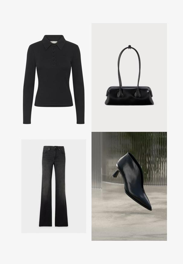 Zwarte polo met lange mouwen, ribbelstructuur, knoopsluiting en een subtiele logo. Heeft een klassiek kraagontwerp.; Zwarte high-waist flare jeans met voorzakken, riemlussen, knoopsluiting en een vervaagd was-effect.; Zwarte leren enkellaars met spitse neus, nauwsluitend ontwerp en een uniek gevormde middenhoge hak op een gladde betonnen vloer.; Zwarte leren handtas met twee lange handvatten, een gladde textuur en een ronde bodem met decoratieve accenten aan de zijkanten.