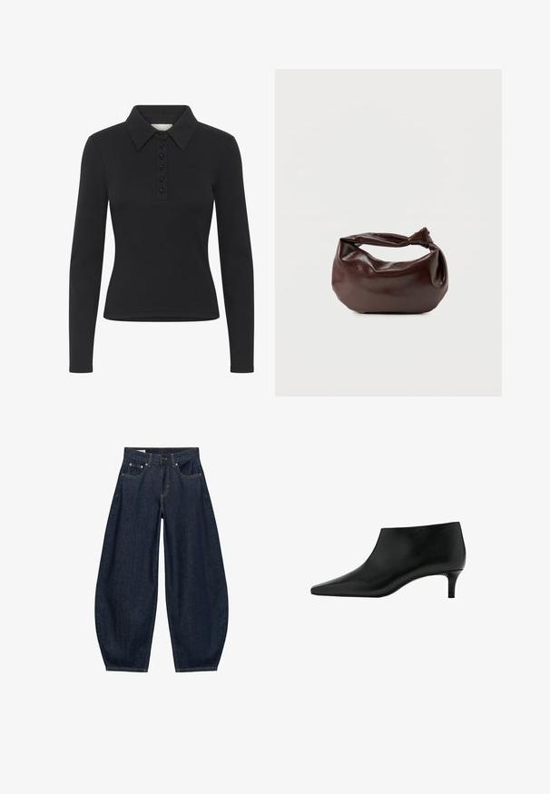 Sort langærmet polo-shirt med ribbet struktur, knaplukning og et subtilt logo. Har en klassisk krave-design.; Mørkeblå vidde jeans med frontlommer, bæltestropper og knaplukning i taljen.; Sort læderankelstøvle med spids tå og lavt kittenhæl, designet til elegant og formelt brug.; Mørkebrun læder skuldertaske med en blød, afslappet form og et snoet knudehåndtag på en ensartet hvid baggrund.