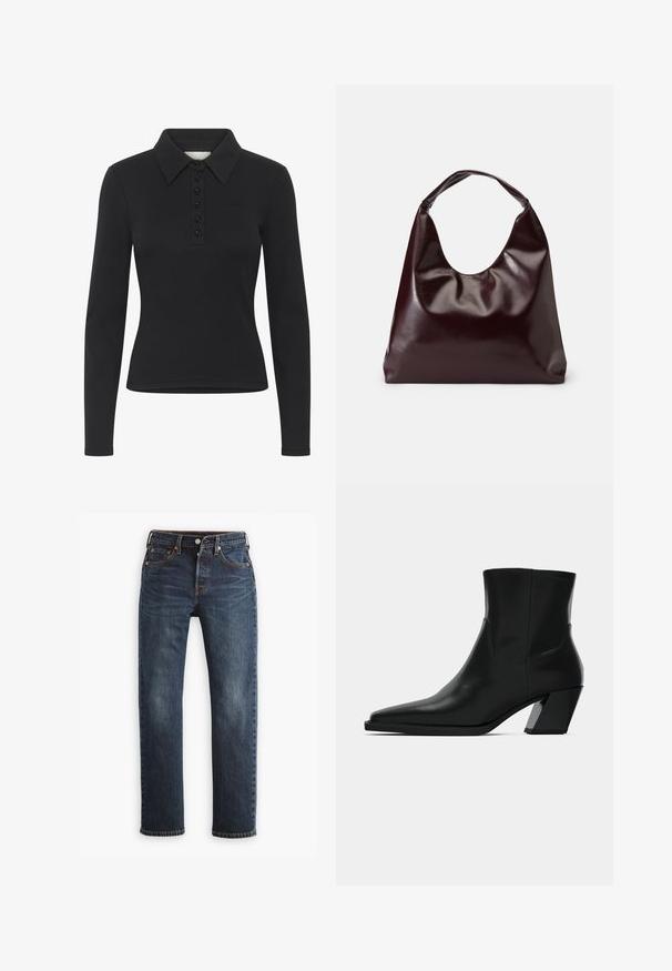 Schwarzes Langarm-Polo-Shirt mit gerippter Textur, Knopfverschluss und einem dezenten Logo. Verfügt über ein klassisches Kragen-Design.; Levi's® 501® JEANS FOR WOMEN - Jeans Straight Leg - same intent; Schwarze Leder-Stiefelette mit spitzem Zeh, schlanker Silhouette und klobigem quadratischem Absatz. Glatte Textur mit minimalen Nähdetails.; Burgunderfarbene, glänzende tote Bag aus veganem Leder mit einer weichen, skulpturalen Form und einem breiten, geschwungenen Henkel für einfaches Tragen.