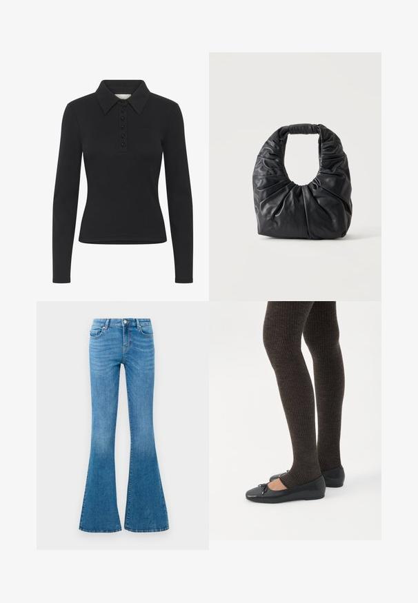 Sort langærmet polo-shirt med ribbet struktur, knaplukning og et subtilt logo. Har en klassisk krave-design.; Blå denim flared jeans med mellemhøj talje, der har fem lommer, en standard knaplukning og let falmning for struktur.; Ben iført mørke ribbede leggings kombineret med sorte balletsko med små sløjfedetaljer på hvid baggrund.; Sort blød læder skuldertaske med rynkede folder og afrundet håndtag, stående oprejst på en ensfarvet lys baggrund.