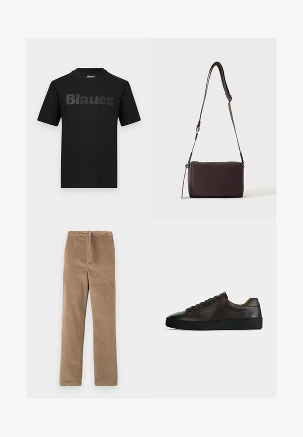 T-shirt noir à manches courtes avec l'inscription "Blauer." en grandes lettres gris foncé sur la poitrine et un col rond.; Pantalons en velours côtelé marron avec taille élastique et cordon de serrage à l'avant, coupe droite, présentés sur fond blanc.; Baskets basses en cuir marron foncé avec semelle en caoutchouc noire, lacets à l'avant et design minimaliste épuré sur fond clair.; Sac bandoulière en cuir marron foncé texturé avec une sangle réglable et un petit accent décoratif bleu sur le côté.