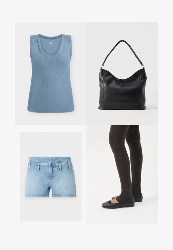 Haut bleu côtelé sans manches avec encolure ronde, présenté à plat sur fond blanc.; Short en denim bleu clair avec passants de ceinture, fermeture éclair à l'avant et coutures doubles, posé à plat sur un fond neutre.; Jambes portant des leggings côtelés foncés associés à des ballerines noires avec de petits détails en nœud sur fond blanc.; Sac à épaule en cuir noir avec poignée torsadée et détails de couture verticale sur un fond clair uni.