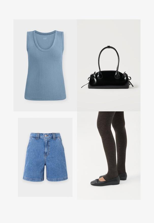 Haut bleu côtelé sans manches avec encolure ronde, présenté à plat sur fond blanc.; Short en jean bleu avec fermeture devant par bouton et zip, passants de ceinture, poches avant et ourlet droit sur un fond uni clair.; Jambes portant des leggings côtelés foncés associés à des ballerines noires avec de petits détails en nœud sur fond blanc.; Petit sac à main noir brillant avec deux longues anses et des détails à cordon sur les côtés sur un fond clair uni.