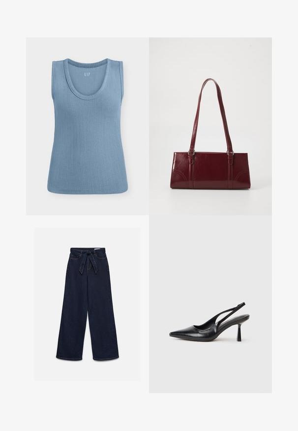 Haut bleu côtelé sans manches avec encolure ronde, présenté à plat sur fond blanc.; Jean taille haute bleu foncé à jambes larges avec poches avant et ceinture en tissu assortie nouée à la taille.; Chaussure à talon haut en cuir noir, à bride arrière, avec un bout pointu et un talon fin sur fond blanc.; Sac à main bordeaux en matériau brillant, de forme rectangulaire, avec deux anses et des accents légèrement courbés à l'avant.