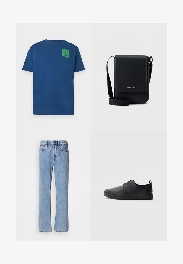 Blauwe katoenen t-shirt met ronde hals, korte mouwen en groen vierkant logo met het "cK" ontwerp op de bovenlinkerkant van de borst.; Lichtblauwe denim jeans met een recht ontwerp, vijf zakken en een knoopsluiting. Stikdetails nabij de zakken en de tailleband.; Zwarte leren sneaker met een gladde afwerking, ronde neus, tonale stiknaden, vetersluiting aan de voorkant en een vlakke rubberen zool. Lussje aan de hak.; Zwarte Calvin Klein schoudertas met klep, verstelbare riem en klein gouden logo aan de voorkant, tegen een effen witte achtergrond.