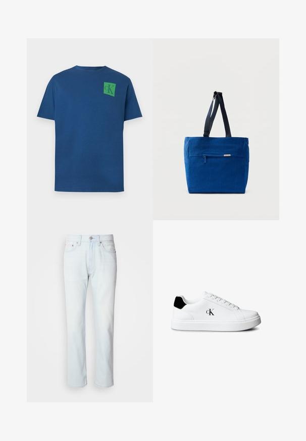 Camiseta de algodón azul con cuello redondo, mangas cortas y logo cuadrado verde con diseño "cK" en la parte superior izquierda del pecho.; Jeans de mezclilla azul claro con corte recto. Cuentan con un cierre de botón y pasadores para cinturón, mostrando una textura desgastada y costuras mínimas.; Zapatilla blanca de corte bajo con pestaña negra en el talón y logo "cK" en el lateral, con cordones blancos y suela blanca gruesa.; Bolsa de lona azul con un bolsillo frontal con cremallera, correas dobles para el hombro y forma rectangular. Cuenta con una etiqueta de marca sutil.