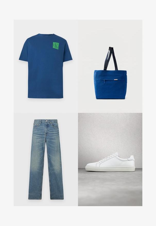 Blauwe katoenen t-shirt met ronde hals, korte mouwen en groen vierkant logo met het "cK" ontwerp op de bovenlinkerkant van de borst.; Blauwe straight-leg jeans met een vervaagde wassing, lichte verfspetters, een voorknop en een vijfzakkenontwerp op een witte achtergrond.; Witte sneaker met een gladlederen bovenwerk en een laag profiel. Voorzien van een ronde neus, zes vetergaatjes en een gestructureerde rubberen zool.; Blauwe canvas boodschappentas met een voorvak met rits, dubbele schouderbanden en een rechthoekige vorm. Heeft een subtiel merklabel.