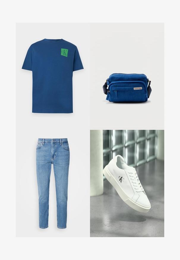 Blauwe katoenen t-shirt met ronde hals, korte mouwen en groen vierkant logo met het "cK" ontwerp op de bovenlinkerkant van de borst.; Lichtblauwe denim jeans met een rechte pasvorm, vijf zakken en subtiele vervaging. Voorzien van een knoopsluiting en riemlussen.; Witte Calvin Klein sneaker met veters, zwevend getoond boven een gepolijste betonnen vloer en een achtergrond van glasblokken.; Blauwe stoffen crossbodytas met een gestructureerd oppervlak, voorzien van meerdere ritssluitingen en een schouderriem. Calvin Klein-logo aan de voorkant.