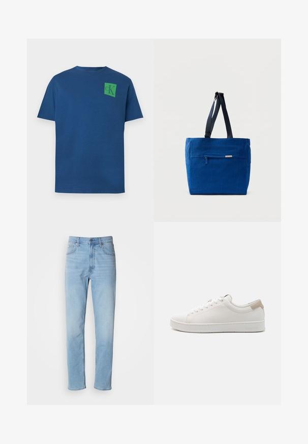 Camiseta de algodón azul con cuello redondo, mangas cortas y logo cuadrado verde con diseño "cK" en la parte superior izquierda del pecho.; Jeans de mezclilla azul claro con un corte recto, cinco bolsillos y trabillas para cinturón. La tela presenta una textura suave con un ligero efecto de desvanecimiento.; Zapatillas blancas con parte superior de cuero suave, punta redonda, seis ojales y un acento en beige en el talón. Presentan una suela de goma blanca y un branding sutil.; Bolsa de lona azul con un bolsillo frontal con cremallera, correas dobles para el hombro y forma rectangular. Cuenta con una etiqueta de marca sutil.