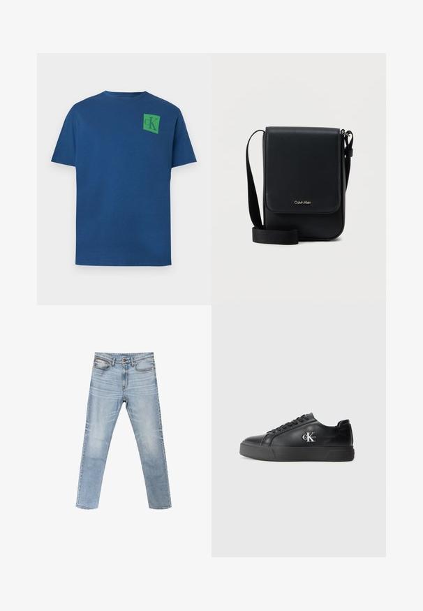 Modrá bavlnená tričko s okrúhlym výstrihom, krátkymi rukávmi a zeleným štvorcovým logom s dizajnom "cK" na hornej ľavej strane hrude.; Svetlomodré skinny rifle s piatimi vreckami, zapínaním na gombíky, vyblednutým efektom a malou značkou Calvin Klein na pravom prednom vrecku.; Čierne kožené tenisky s okrúhlou špičkou, plochou čiernou podrážkou a tonálnym šnurovaním. Ozdobené strieborným logom na boku, hladký povrch po celom obvode.; Čierna crossbody taška Calvin Klein s klopou, nastaviteľným pásikom a malým zlatým logom na prednej strane, na čistom bielom pozadí.