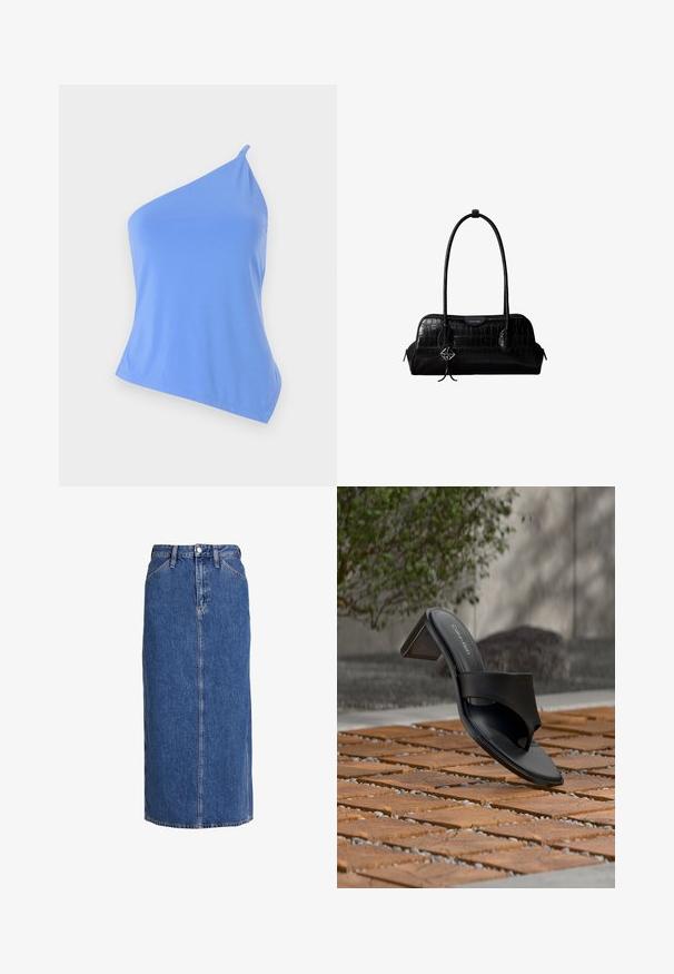 Haut asymétrique bleu en tissu lisse avec une seule bretelle et une coupe ajustée. Présente un ourlet net et un minimum de détails.; Jupe midi en denim bleu moyen avec une coupe droite, fermeture à bouton sur le devant, deux poches latérales et des coutures visibles pour texturer.; Sandale à talon noire Calvin Klein avec boucle pour l’orteil, posée sur un sol en carreaux de bois en extérieur, près d’un arbre et d’un mur en pierre.; Sac à épaule en cuir noir à texture crocodile, avec de longues sangles et un petit charm logo argenté sur une sangle.