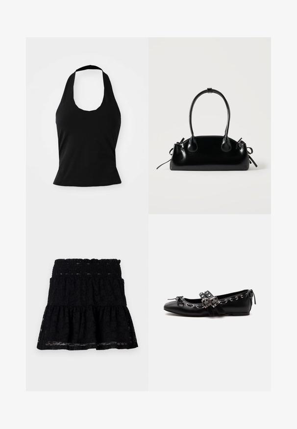 Μαύρο halter top από μαλακό ύφασμα, με στρογγυλή λαιμόκοψη και εφαρμοστή σιλουέτα, με λεία υφή και χωρίς ορατά σχέδια.; Μαύρη δαντελένια φούστα με ελαστική μέση. Διαθέτει φαρδιά, κλιμακωτή σχεδίαση και διαφανή υφή, δημιουργώντας μια επίπεδη εμφάνιση.; Μαύρο επίπεδο παπούτσι μπαλέτου με διπλούς ιμάντες αγκράφας, ασημένιες τρύπες και μικρό φιόγκο κοντά στη στρογγυλεμένη μύτη σε λευκό φόντο.; Μικρή μαύρη γυαλιστερή τσάντα με δύο μακριές λαβές και λεπτομέρειες με ρυθμιζόμενο κορδόνι στο πλάι σε απλό ανοιχτό φόντο.