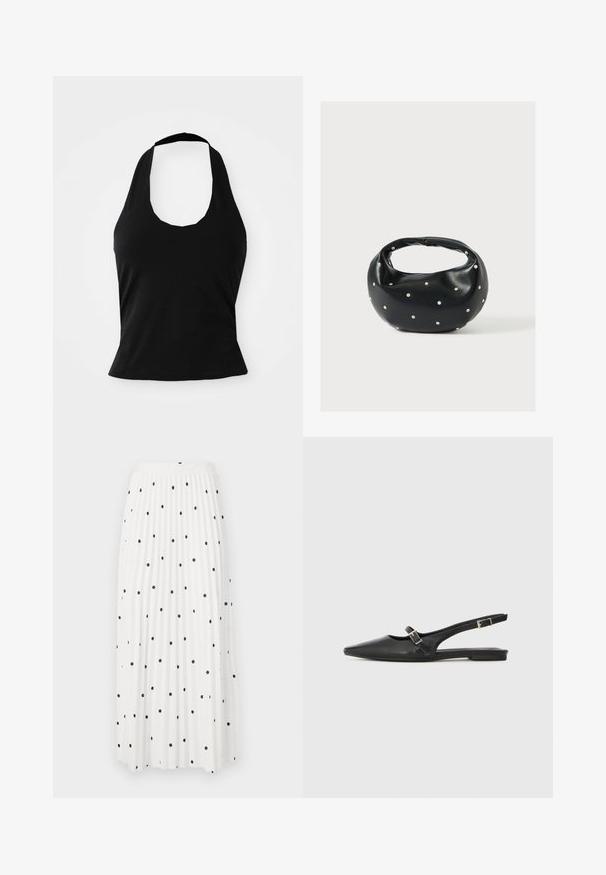 Μαύρο halter top από μαλακό ύφασμα, με στρογγυλή λαιμόκοψη και εφαρμοστή σιλουέτα, με λεία υφή και χωρίς ορατά σχέδια.; Λευκή πλισέ maxi φούστα με μαύρες πουά, διαθέτει λείο λάστιχο στην μέση και ρέουσα ύφανση για εύκολη κίνηση.; Μαύρα δερμάτινα παπούτσια με λουράκι πίσω, μυτερή μύτη, με λεπτό λουράκι και ασημένια αγκράφα στο πλάι. Φλατ σόλα.; Μαύρη δερμάτινη τσάντα χειρός με στρογγυλεμένο σχήμα, διακοσμημένη με ασημένιες λεπτομέρειες με καρφιά και κοντή λαβή. Λείο υλικό και κλείσιμο με φερμουάρ.