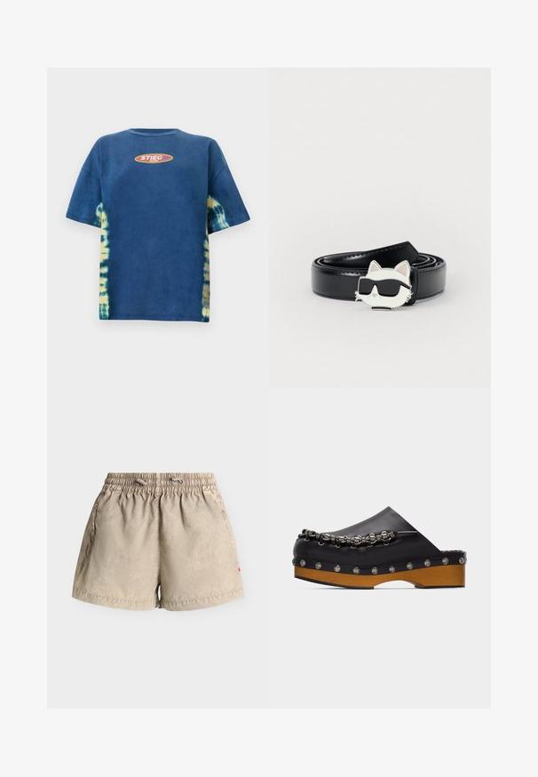 T-shirt bleu tie-dye à manches courtes, avec un col rond et un logo ovale jaune-orange portant l'inscription "STIEG" sur le devant.; Shorts décontractés beiges avec taille élastique et cordon, dotés de poches latérales et d'une petite étiquette rouge sur le côté droit.; Sabot noir en cuir à enfiler avec semelle épaisse en bois, bord clouté et détail décoratif en chaîne argentée le long du côté supérieur.; Ceinture en cuir noir avec une boucle en forme de tête de chat de dessin animé portant des lunettes de soleil noires, avec des accents roses sur les oreilles et le nez.