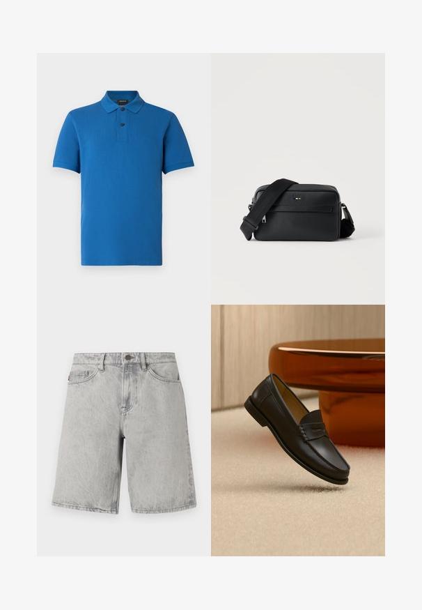 Polo bleu à manches courtes avec col, deux boutons noirs, coupe régulière, et logo discret « BOSS » sur la poitrine gauche.; Shorts en jean gris clair avec fermeture par bouton et fermeture éclair, passants pour ceinture et poches avant, présentés sur un fond blanc.; Chaussure mocassin en cuir noir suspendue au-dessus d’un tapis beige avec du mobilier moderne couleur ambre en arrière-plan.; Sac bandoulière en cuir noir texturé avec poche avant zippée et bandoulière large en tissu réglable sur fond blanc.