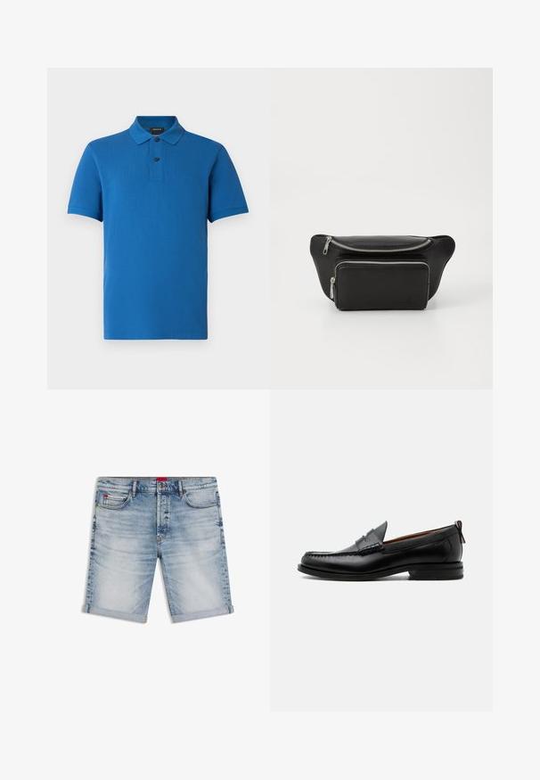 Polo bleu à manches courtes avec col, deux boutons noirs, coupe régulière, et logo discret « BOSS » sur la poitrine gauche.; Short en denim bleu clair avec ourlets retournés, poches avant, passants de ceinture, fermeture à bouton et détails subtilement délavés.; Mocassin homme en cuir noir avec couture moc toe, bride penny, col texturé et petit talon empilé sur fond blanc.; Sac banane en cuir noir avec deux compartiments zippés, texture lisse, forme arrondie et logo embossé sur le devant. Accents en métal argenté.