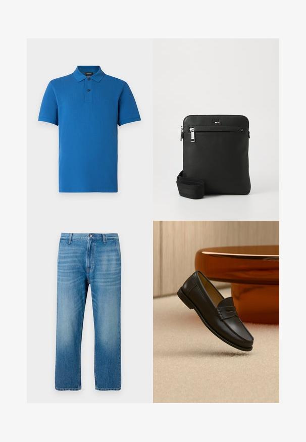 Polo bleu à manches courtes avec col, deux boutons noirs, coupe régulière, et logo discret « BOSS » sur la poitrine gauche.; Jeans en denim bleu clair avec une coupe droite, design à cinq poches, fermeture à bouton et décoloration subtile sur le devant. Pas de motifs visibles.; Chaussure mocassin en cuir noir suspendue au-dessus d’un tapis beige avec du mobilier moderne couleur ambre en arrière-plan.; Sac bandoulière en cuir noir avec un design plat, surface texturée, fermeture éclair, poche avant et une sangle en tissu ajustable.