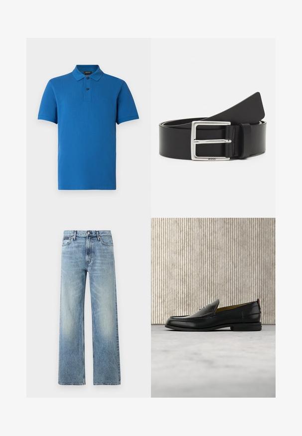 Polo bleu à manches courtes avec col, deux boutons noirs, coupe régulière, et logo discret « BOSS » sur la poitrine gauche.; Jean droit en denim bleu clair avec taille haute, cinq poches, fermeture à boutons et léger délavage sur les cuisses et les genoux.; Mocassin pour homme en cuir noir avec un dessus embossé effet croco et un petit talon, présenté de profil sur un fond neutre.; Ceinture en cuir noir avec une boucle rectangulaire en argent, dotée d'un logo discret et d'une texture lisse. Les extrémités se terminent en rondeur.