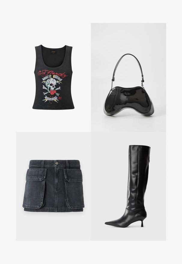 Sort ærmeløs tanktop med et dristigt dødningehoved og korsfakta-tryk med et hjerte, flerfarvede accenter og teksten "Love Dies Hard".; Sort denimnederdel med en tætsiddende talje, knaplukning, to store forlommer og kontrastsyning.; Sorte læder knæhøje støvler med spids tå og slank buet hæl. Glat tekstur, tætsiddende design og ingen synlig hardware eller mønstre.; Sort patentlæder håndtaske med en unik buet form, kort justerbar hank og en lynlåslukning i toppen. Glat tekstur med diskret branding.