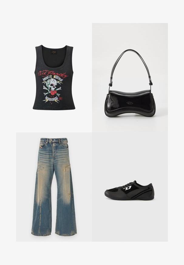Sort ærmeløs tanktop med et dristigt dødningehoved og korsfakta-tryk med et hjerte, flerfarvede accenter og teksten "Love Dies Hard".; Vide benfalde blå denimjeans med slidte detaljer, forlommer og sidelommer samt knap- og lynlåslukning.; Sorte atletik sko med ruskind og syntetisk overdel, med et struktureret design, rundet tå og flad sål. Sølvfarvet logo på siden.; Sort patentlæder håndtaske med en buet form, et enkelt håndtag og en rund bund. Har en subtil logo-detalje på forsiden.