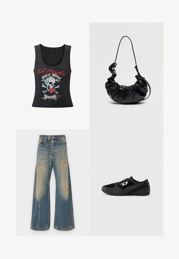 Top sin mangas negro con un atrevido gráfico de calavera y tibias cruzadas con un corazón, acentos multicolores y el texto "Love Dies Hard".; Vaqueros de mezclilla azul deslavado de pierna ancha con detalles desgastados, bolsillos delanteros y laterales, y cierre de botón y cremallera.; Zapatillas deportivas negras con empeine de ante y material sintético, con un diseño texturizado, puntera redondeada y suela plana. Acento de logo plateado en el lateral.; Bolso de mano negro de cuero fruncido con correa ajustable para el hombro y gran clip para el cabello negro sujeto a la correa sobre fondo liso.
