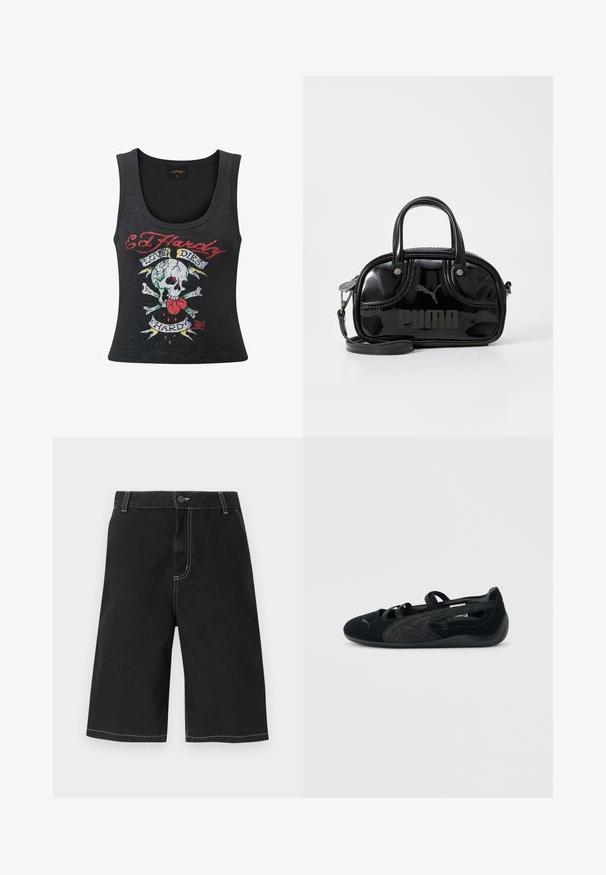 Top sin mangas negro con un atrevido gráfico de calavera y tibias cruzadas con un corazón, acentos multicolores y el texto "Love Dies Hard".; Pantalones cortos de mezclilla negros hasta la rodilla con costuras en contraste blanco, trabillas para cinturón, cierre con botón y bolsillos delanteros sobre un fondo liso.; Bailarina de ante negro con tiras cruzadas, detalle texturizado en los laterales y suela baja de goma.; Bolso de mano de charol negro con dos asas superiores, correa para el hombro desmontable, forma redondeada y destacado logo en relieve de "PUMA".