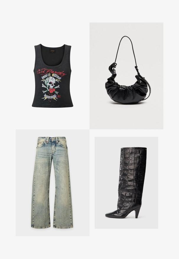 Sort ærmeløs tanktop med et dristigt dødningehoved og korsfakta-tryk med et hjerte, flerfarvede accenter og teksten "Love Dies Hard".; Lyseblå denimjeans med et falmet lodret stribemønster, forlommer, knaplukning og brede, lige ben.; Sort læderstøvle til knæet med tekstureret krokodillemønster, spids tå og en tilspidset høj hæl. Har et slankt design og en glat finish.; Sort skindtaske med rynkede detaljer, justerbar skulderrem og stort sort hårspænde fastgjort til remmen på ensfarvet baggrund.