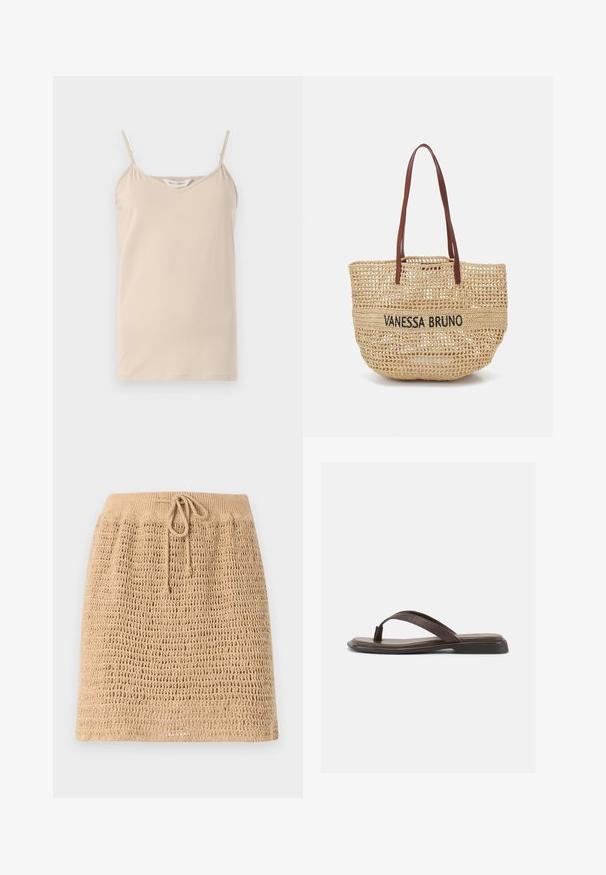 Beige cami-toppi, jossa on ohuet naruolkaimet ja V-pääntie, valmistettu pehmeästä kankaasta, jolla on sileä pinta ja suora helma.; Neulottu beige hame, jossa on teksturoitu, avonainen kudontasuunnittelu. Varustettu säätönyörillä vyötäröllä. Helma on suora.; Ruskea nahkainen varvastossu, jossa on musta litteä pohja ja leveä hihna yläosassa, esitetty sivuprofiilina valkoisella taustalla.; Vanessa Bruno PANIER - Shopping bag - sable/noir