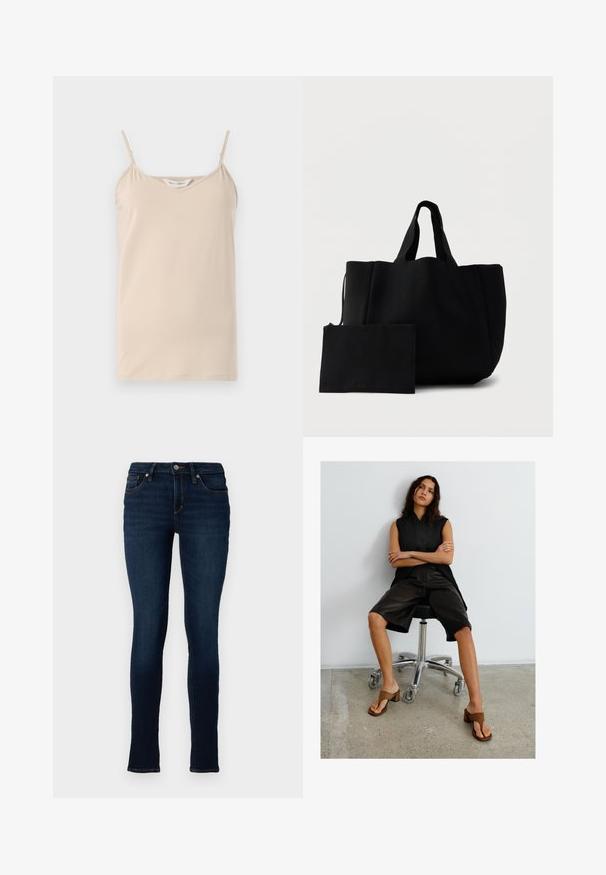 Beige camisole-top med tynde spaghetti-stropper og en V-halsudskæring, lavet af blødt stof med en glat tekstur og en lige kant.; TOM TAILOR DENIM TTJONA SKINNY FIT - Jeans Skinny Fit - used dark stone blue denim; Kvinde med langt mørkt hår sidder på en sort kontorstol iført sort ærmeløs top, knælange sorte shorts og brune sandaler med hæl.; Sort tekstureret mulepose med to korte håndtag, ledsaget af en matchende rektangulær pung med lynlås, sat mod en hvid baggrund.