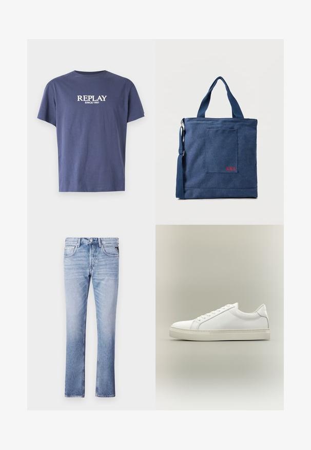 Camiseta de algodón azul marino con cuello redondo, mangas cortas y texto blanco "REPLAY SINCE 1981" impreso en la parte delantera. Diseño sencillo, sin patrones.; Jeans de mezclilla azul claro con un diseño de pierna recta, cinco bolsillos y detalles de costura visibles. Textura suave y ajuste clásico.; Zapatilla blanca de perfil bajo con cordones en la parte delantera y suela gruesa, mostrada de lado sobre un fondo neutro.; Bolso tote de lona azul con bolsillo frontal y bordado rojo "O.N.S", con asas dobles y una correa ajustable para el hombro.