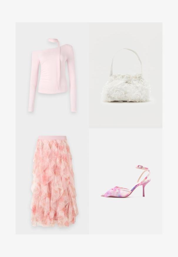 Top rosa de manga larga con diseño de hombro descubierto, que presenta un detalle atado en el cuello y una textura ajustada que enfatiza la silueta.; Falda midi de tul en capas rosa con patrón floral y cintura elástica, con texturas suaves y volantes.; Sandalia de tacón alto con correa en el tobillo, punta puntiaguda y lazo decorativo en la parte delantera, teñida en tonos rosa y morado tipo tie-dye.; Pequeño bolso blanco con rosas de tela que cubren su cuerpo y una delgada correa única como asa, sobre un fondo liso.