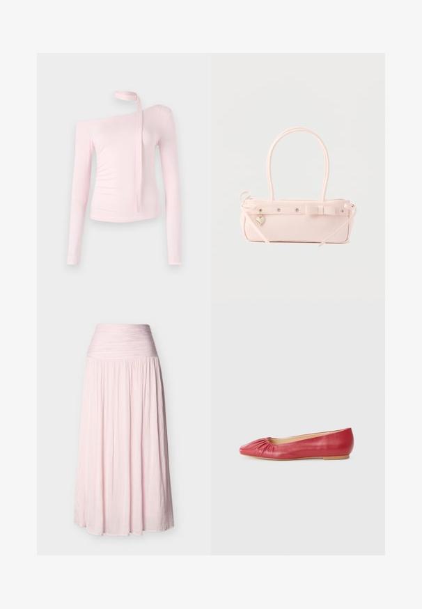 Top rosa de manga larga con diseño de hombro descubierto, que presenta un detalle atado en el cuello y una textura ajustada que enfatiza la silueta.; Falda larga de talle alto en color rosa claro, con cintura fruncida y tela plisada y fluida que llega hasta el suelo.; Bailarinas de cuero rojo con punta redondeada y detalle fruncido en la parte delantera. Suela plana y textura suave. Diseñadas para uso casual.; Bolso rectangular de color rosa pálido con doble asa, lazo decorativo, ojales metálicos y un pequeño colgante en forma de corazón sobre un fondo liso.