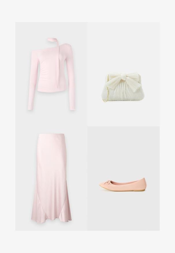 Ružový top s dlhým rukávom a off-shoulder dizajnom, s viazaním pri krku a priliehavou textúrou, ktorá zvýrazňuje siluetu.; Svetloružová midi sukňa zo saténu s A-čkovým strihom a jemnými diagonálnymi švami na jednoliatej podložke.; Balerínky v svetloružovej syntetickej látke s okrúhlou špičkou, s malou mašľou a flexibilnou podrážkou.; Biela skládacia kabelka s výrazným detailom mašle a zlatým reťazovým popruhom. Mäkká textúra s nariaseným dizajnom na prednej strane.