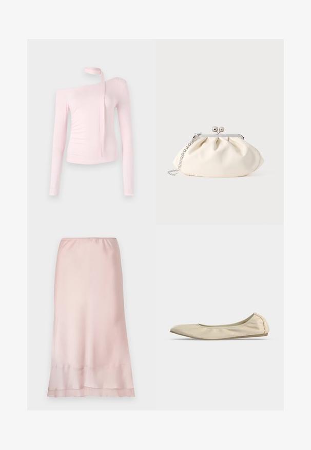 Lyserød langærmet top med off-shoulder-design, der har en bundet detalje ved halsen og en tætsiddende tekstur, der fremhæver silhuetten.; Lyserød satin midi-nederdel med elastisk talje og lagdelt kantdetalje, præsenteret på en ensfarvet hvid baggrund.; Beige blødt læder balletsko med rundet tå, lavt snit i siden og tynd gummisål på en ensartet hvid baggrund.; Cremefarvet stofclutch med et rynket design, sølv metalramme, to dekorative kugler og en sølvkæde som rem.