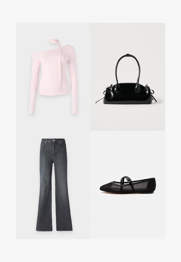 Ružový top s dlhým rukávom a off-shoulder dizajnom, s viazaním pri krku a priliehavou textúrou, ktorá zvýrazňuje siluetu.; Tmavé denimové zvonové džínsy s vysokým pásom, obsahujúce predné vrecká, zips a klasický dizajn s piatimi vreckami.; Čierna sieťovaná balerína s špicatou prstovou časťou a jedným nastaviteľným pásikom cez hornú časť.; Malá čierna lesklá kabelka s dvoma dlhými rúčkami a bočnými šnúrkovými detailmi na jednoduchom svetlom pozadí.