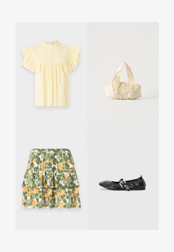 Blouse jaune clair avec un col froncé haut, des manches courtes froncées et un corsage froncé avec des lignes de texture horizontales.; Mini-jupe à volants avec taille élastique, présentant un motif floral jaune et feuilles vertes sur un fond clair.; Chaussure plate en cuir noir avec un nez pointu, des détails froncés autour de l'ouverture et un accent en boucle argentée sur la bride ajustable.; Sac à main en tissu texturé couleur crème avec des anses sur le dessus et un petit nœud noué au centre devant.
