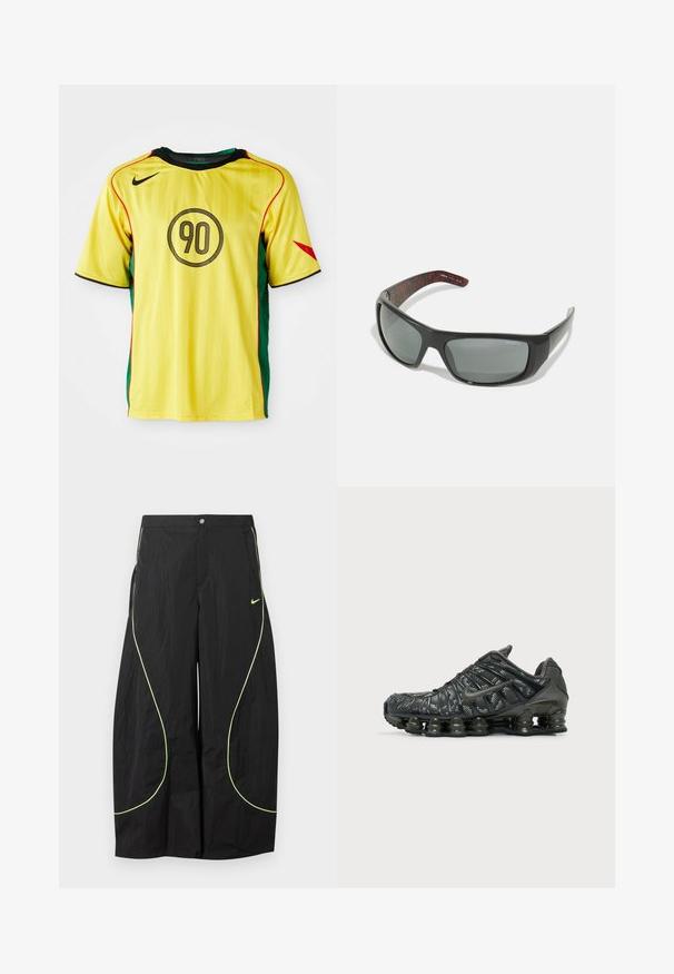 Maillot de football Nike jaune avec des panneaux latéraux verts, des accents noirs et des détails rouges. Présente un design rond noir avec le chiffre "90" sur le devant.; Pantalon large noir Nike avec passepoil courbé vert néon et petit logo Nike Swoosh sur la cuisse droite, fermeture par bouton et zip à la taille.; Chaussure de course noire Nike avec amorti segmenté de la semelle et motif blanc tacheté sur le tissu supérieur, vue de côté extérieur.; Arnette HOT SHOT - Lunettes de soleil - dark grey