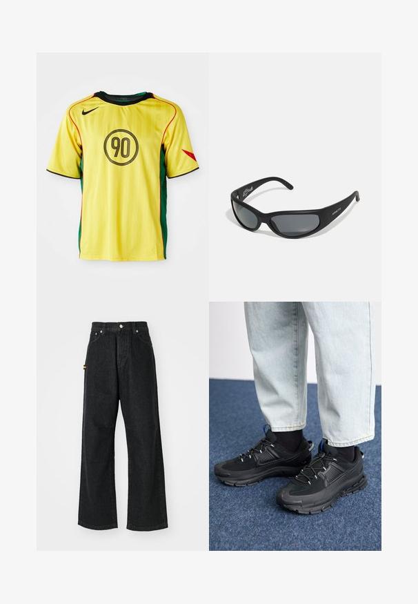 Nike kollane jalgpallipaita roheliste külgpaneelidega, mustade aktsentidega ja punase äärega. Ees on ümmargune must "90" disain.; Mustad laiad mustad teksad, mis on valmistatud denimist. Omab kõrget taljeosa, viit taskut ja metallist detailide aksent. Sile tekstuur, minimaalse kulumisega.; Mustad mustad jooksukingad, millel on tekstureeritud kangas ja kummist tallad, elastsed nöörid ning sinine aksent kandadel. Kandmine heledate teksadega.; Mustad pruunid päikeseprillid, millel on kaarekujuline raam ja tumedad objektiivid. Omavad mati viimistlust ning brändinimi "ARNETTE" on küljel.